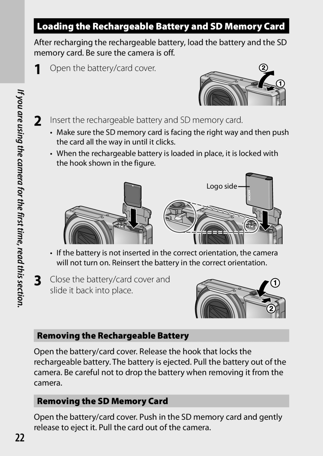 Ricoh CX6 Loading the Rechargeable Battery and SD Memory Card, Close the battery/card cover, Removing the SD Memory Card 