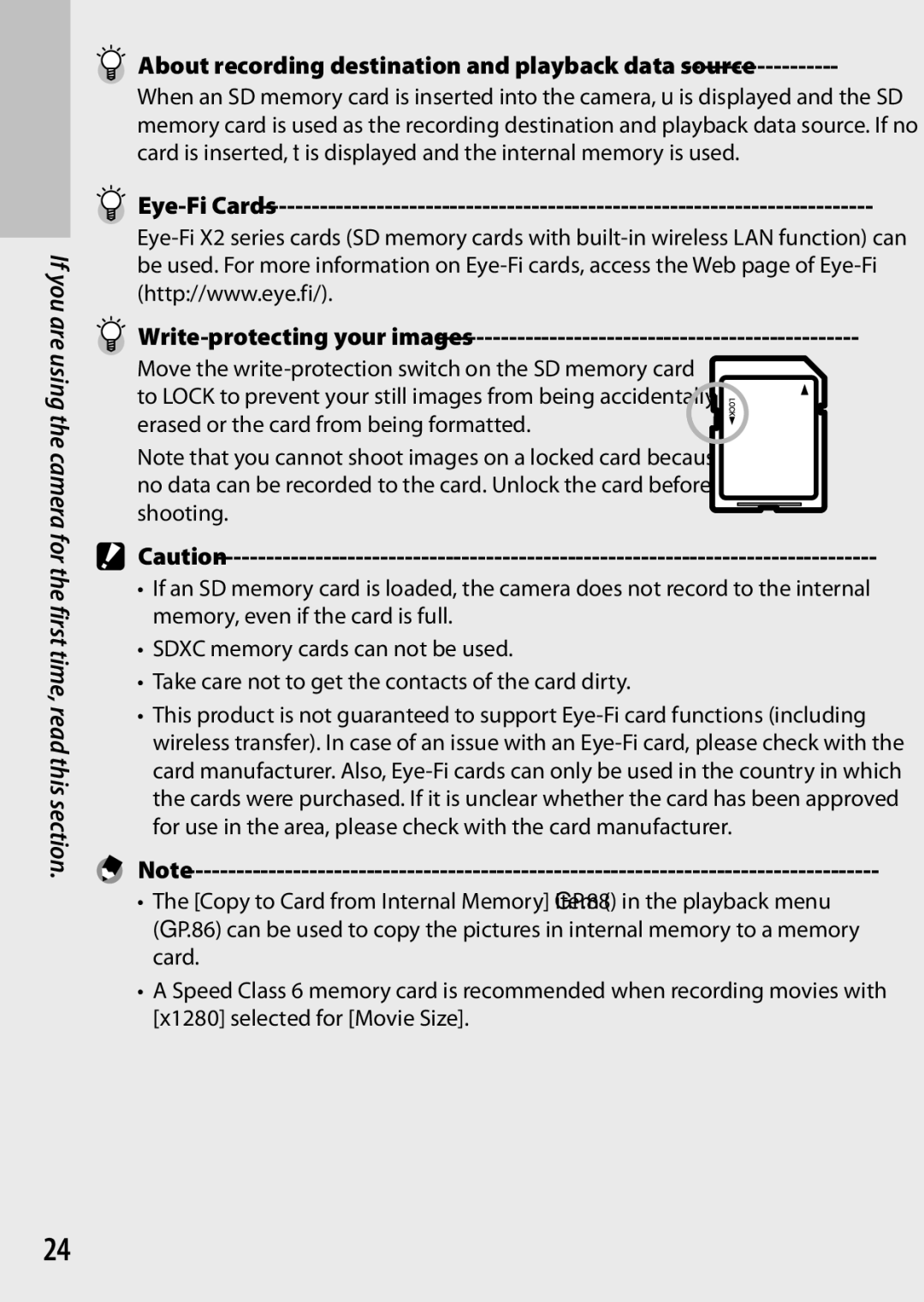 Ricoh CX6 manual About recording destination and playback data source, Eye-Fi Cards Write-protecting your images 