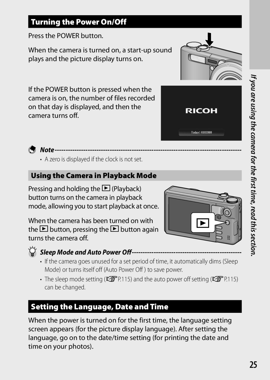 Ricoh CX6 manual Turning the Power On/Off, Setting the Language, Date and Time, Using the Camera in Playback Mode 