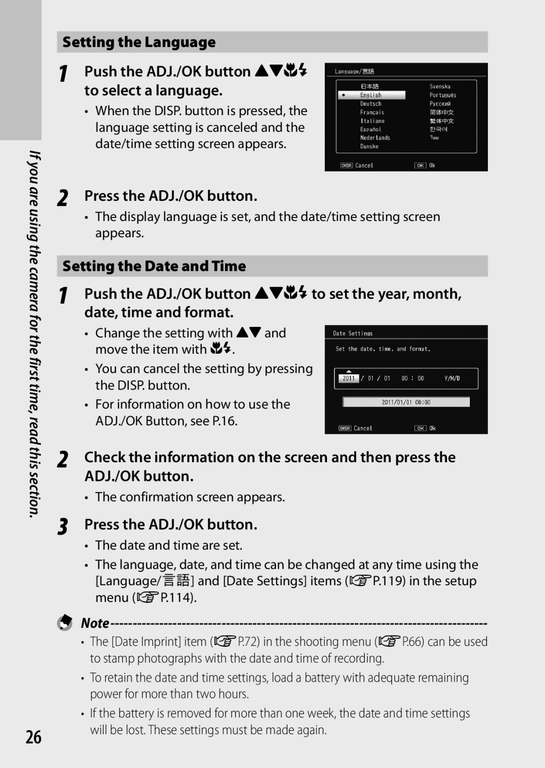 Ricoh CX6 manual Press the ADJ./OK button, Setting the Date and Time, Date, time and format 