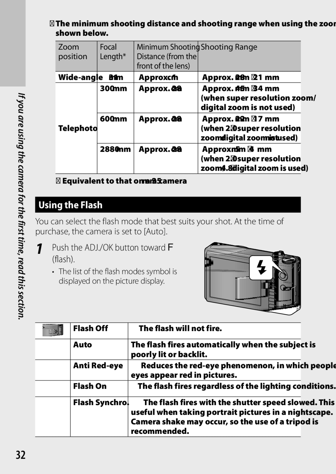 Ricoh CX6 manual Using the Flash, Push the ADJ./OK button toward F 