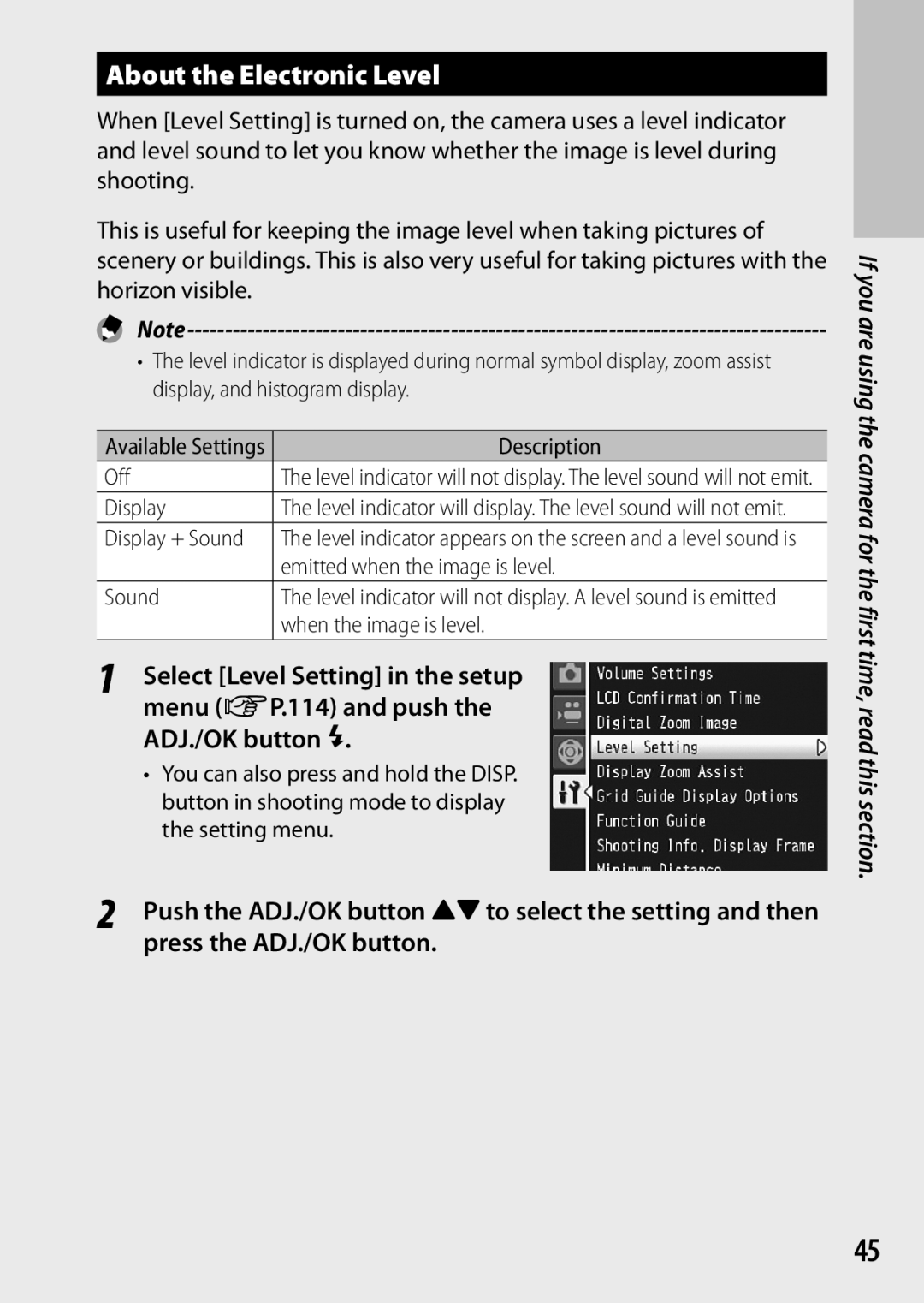 Ricoh CX6 manual About the Electronic Level, Select Level Setting in the setup, Menu GP.114 and push, ADJ./OK button F 