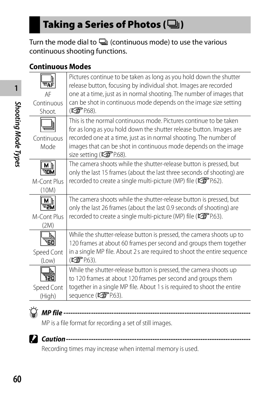 Ricoh CX6 manual Taking a Series of Photos R, Continuous Modes, MP file 