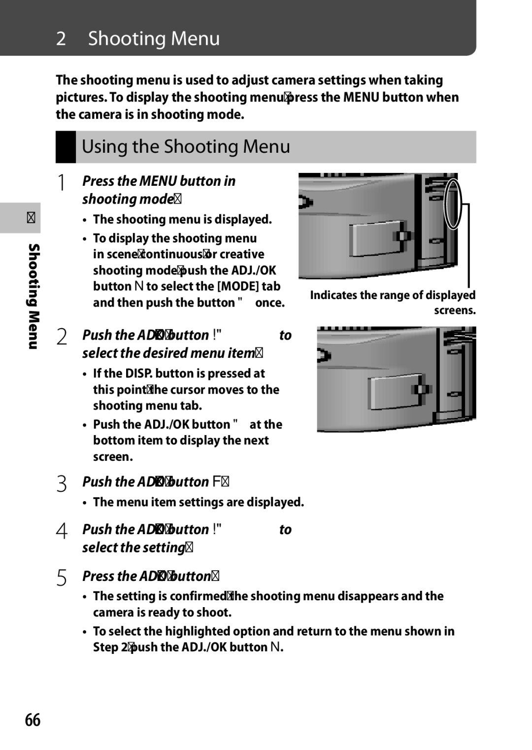 Ricoh CX6 manual Using the Shooting Menu, Shooting mode, Select the desired menu item, Push the ADJ./OK button F 