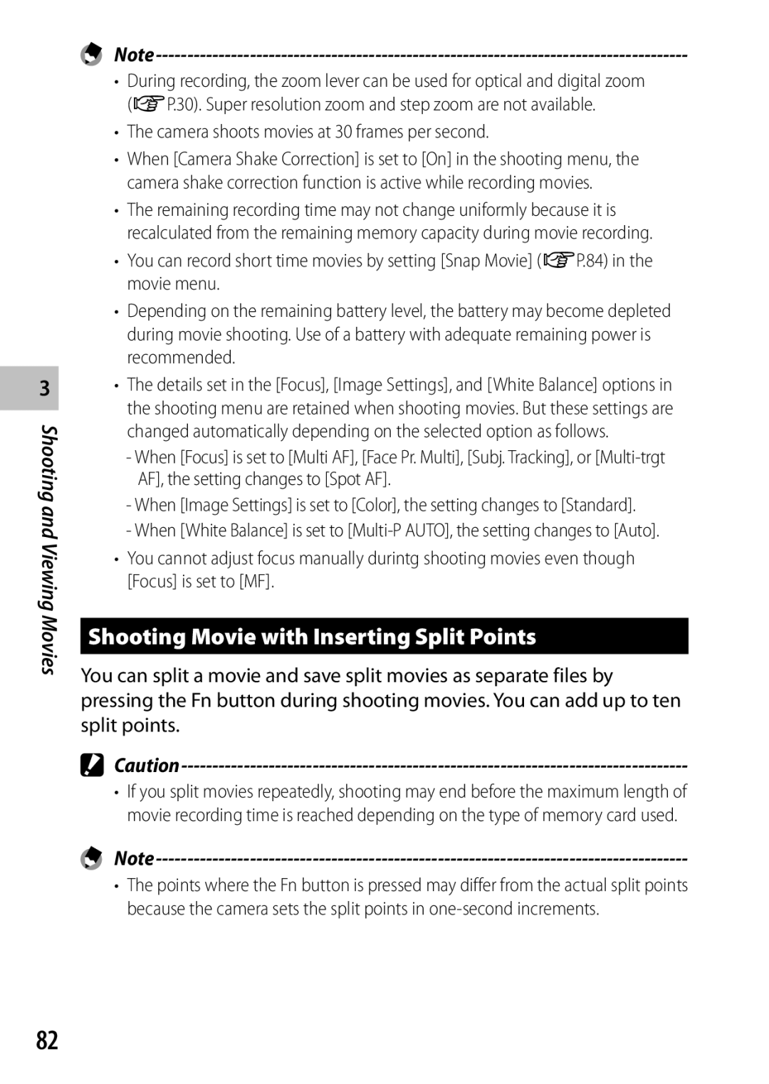 Ricoh CX6 manual Shooting Movie with Inserting Split Points, Camera shoots movies at 30 frames per second 