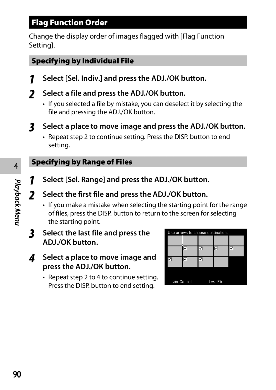 Ricoh CX6 Flag Function Order, Select a place to move image and press the ADJ./OK button, Specifying by Range of Files 