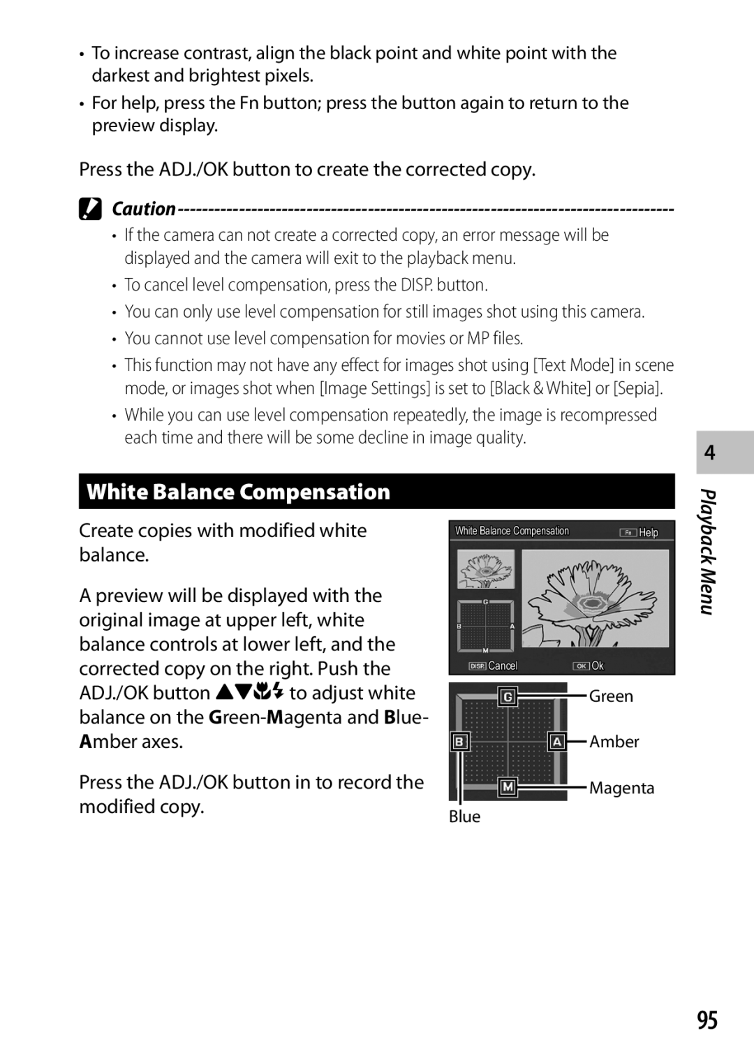 Ricoh CX6 manual White Balance Compensation, To cancel level compensation, press the DISP. button, Green Amber Magenta Blue 