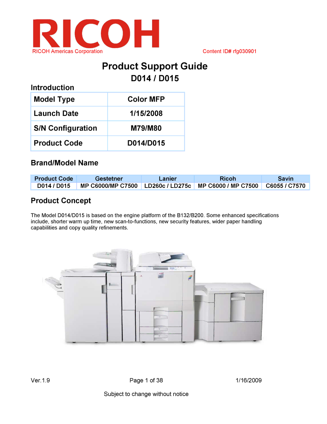 Ricoh D014, D015 specifications Product Support Guide, Product Concept 