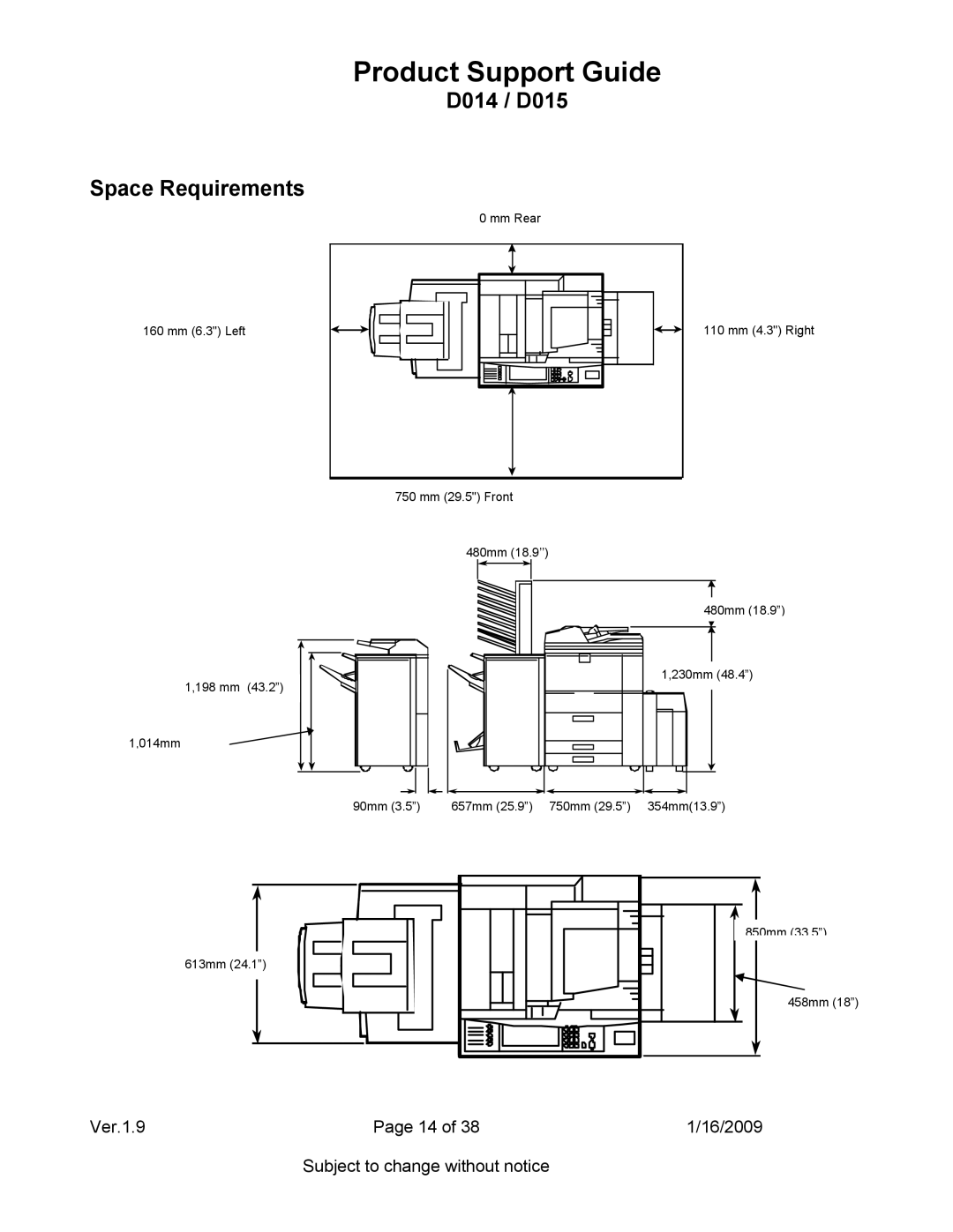 Ricoh specifications D014 / D015 Space Requirements 