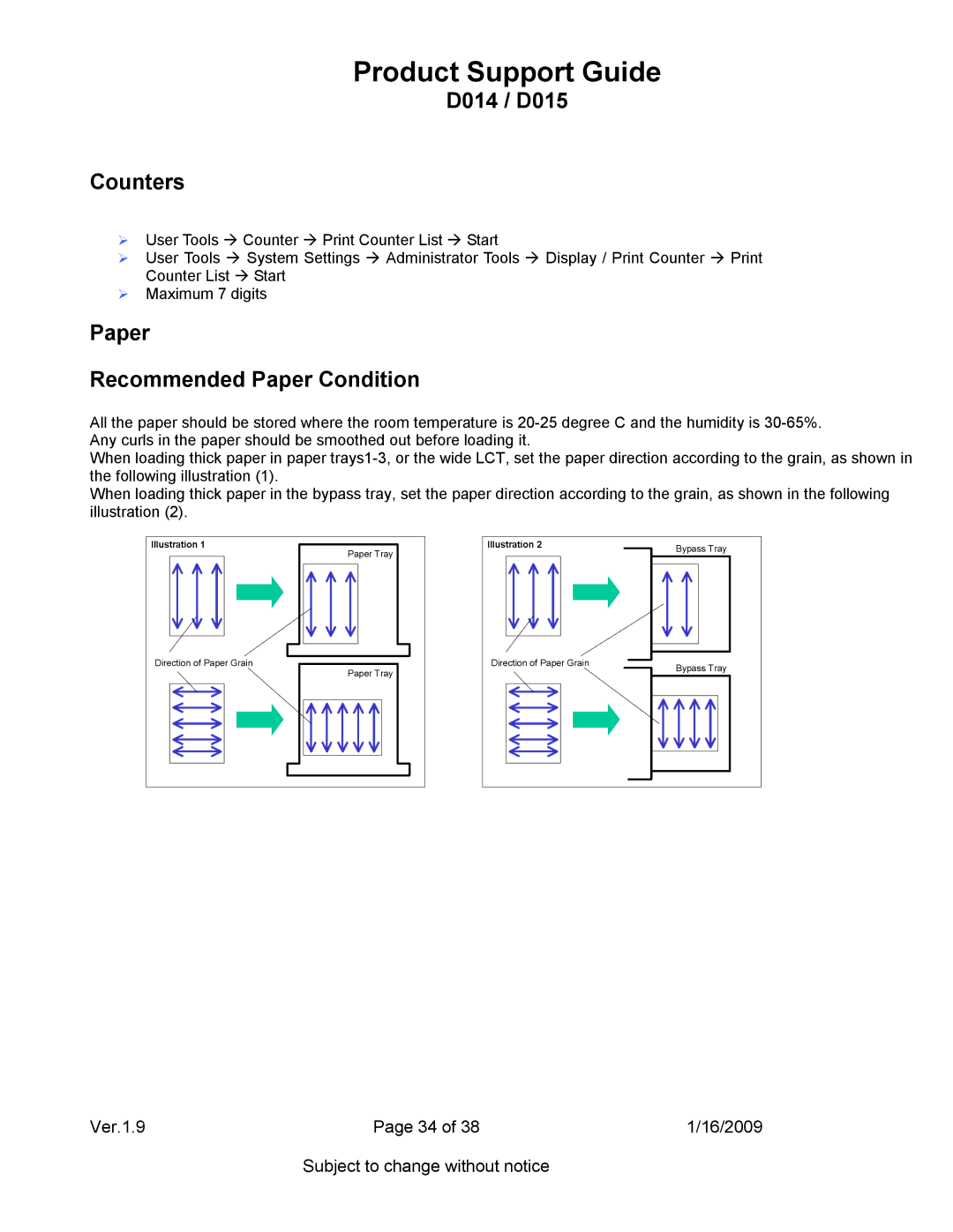 Ricoh specifications D014 / D015 Counters, Paper Recommended Paper Condition 