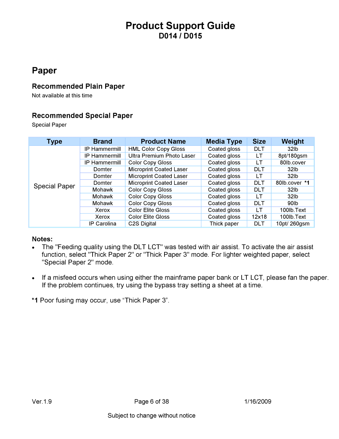 Ricoh D015, D014 specifications Type Brand Product Name Media Type Size Weight, Special Paper, Dlt 