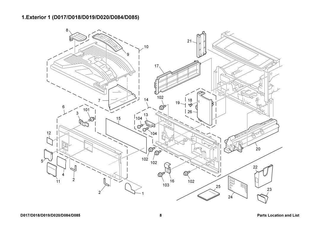 Ricoh manual Exterior 1 D017/D018/D019/D020/D084/D085, D017/D018/D019/D020/D084/D085 Parts Location and List 