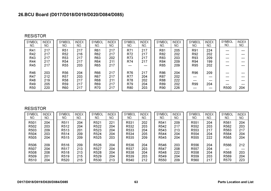 Ricoh D085, D019, D020, D018, D084, D017 manual R51 217 R52 216 R53 R54 R55 203 R56 204 R57 R58 R59 R60 