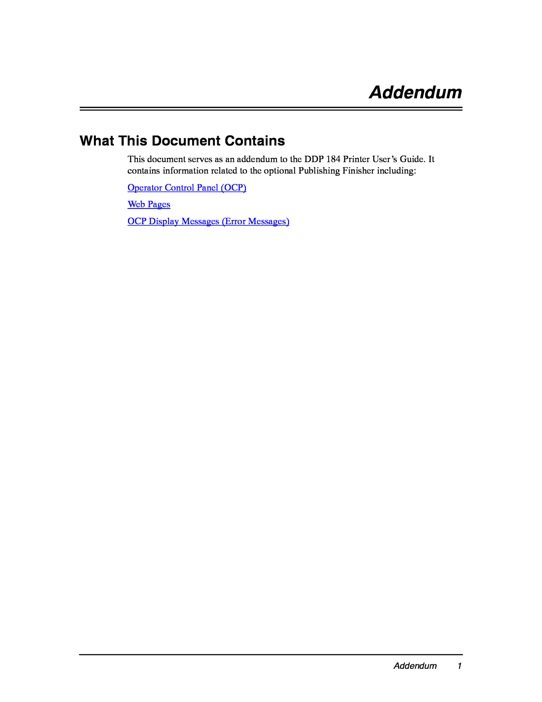 Ricoh DDP 184 manual What This Document Contains, Addendum, Operator Control Panel OCP Web Pages 