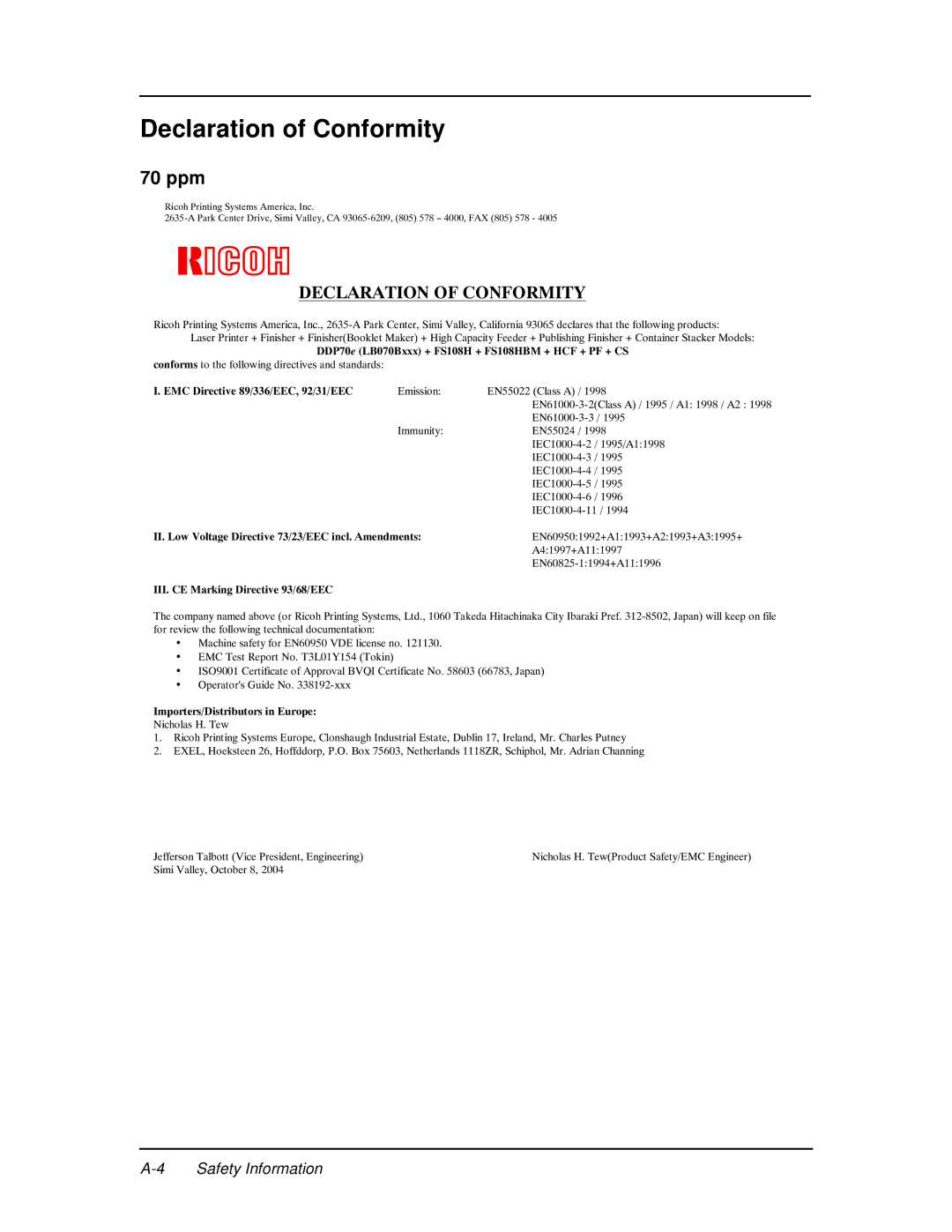 Ricoh DDP 70e, DDP 92 manual Declaration of Conformity, 70 ppm 