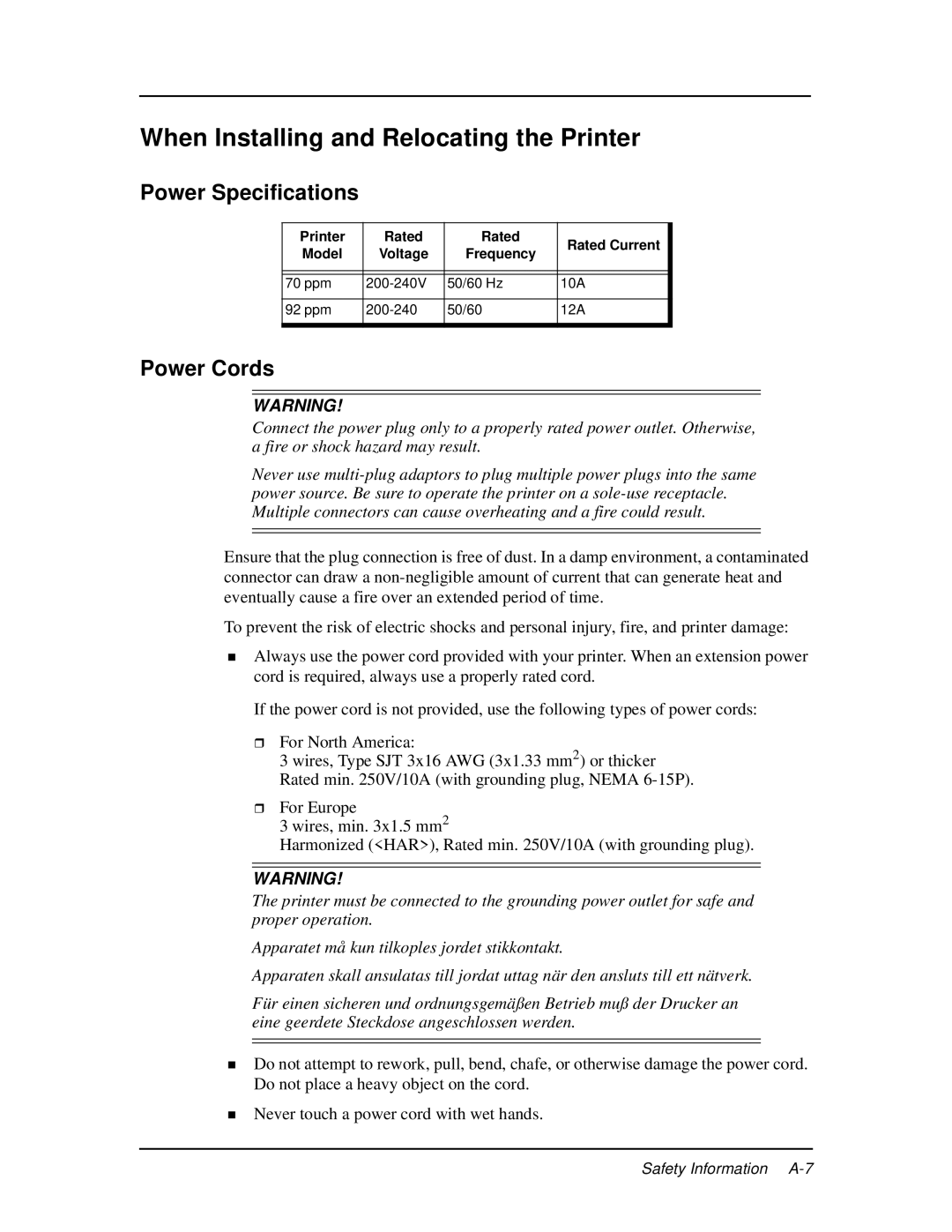 Ricoh DDP 92, DDP 70e manual When Installing and Relocating the Printer, Power Specifications, Power Cords 