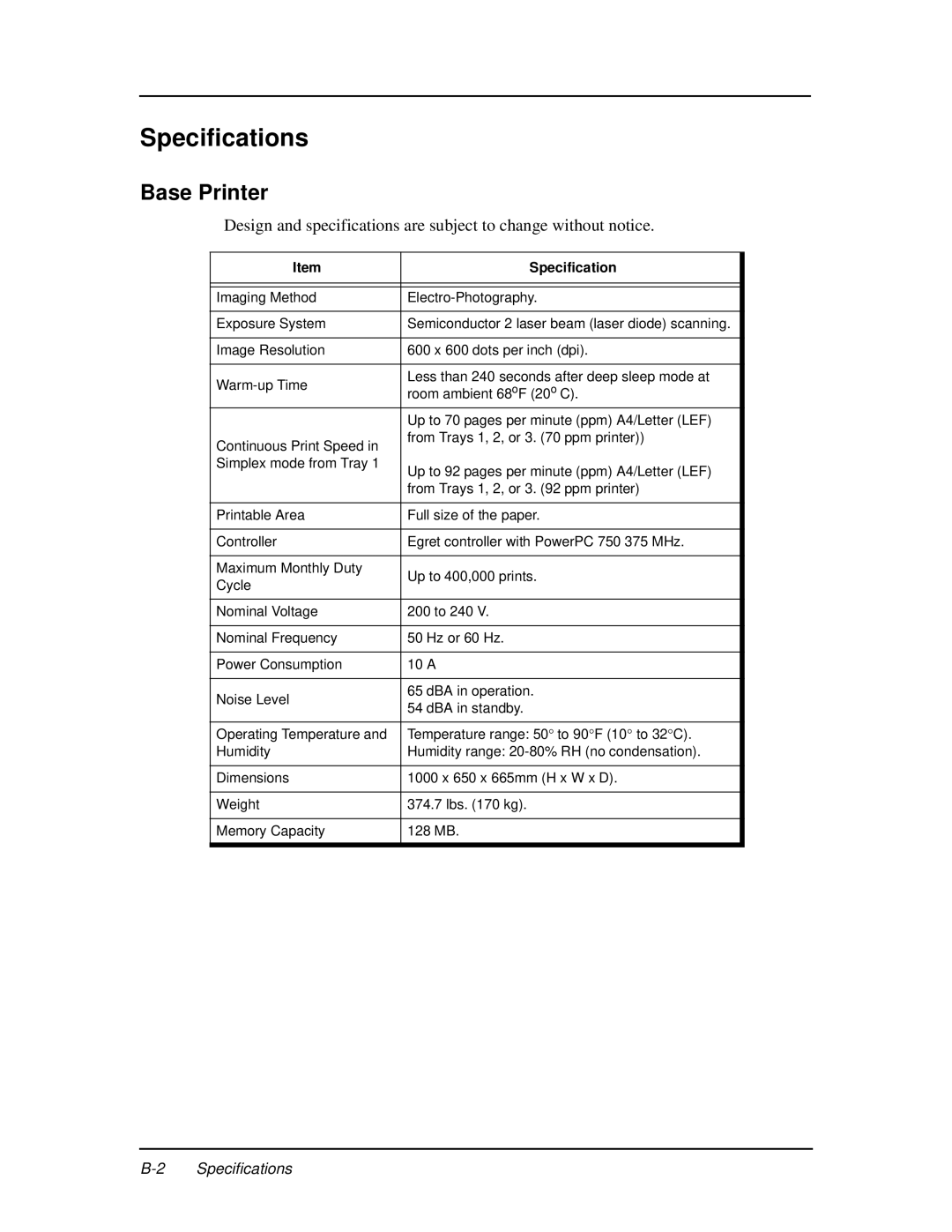 Ricoh DDP 70e, DDP 92 manual Specifications, Base Printer 