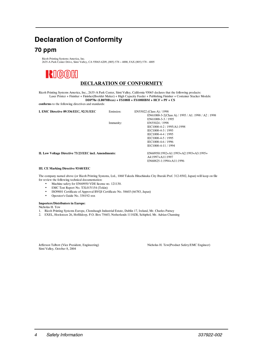 Ricoh DDP 92, DDP 70e manual Declaration of Conformity, 70 ppm 