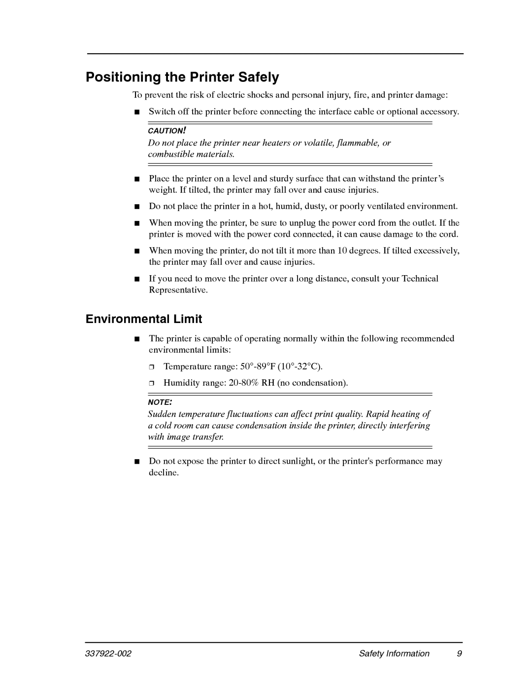 Ricoh DDP 92, DDP 70e manual Positioning the Printer Safely, Environmental Limit 