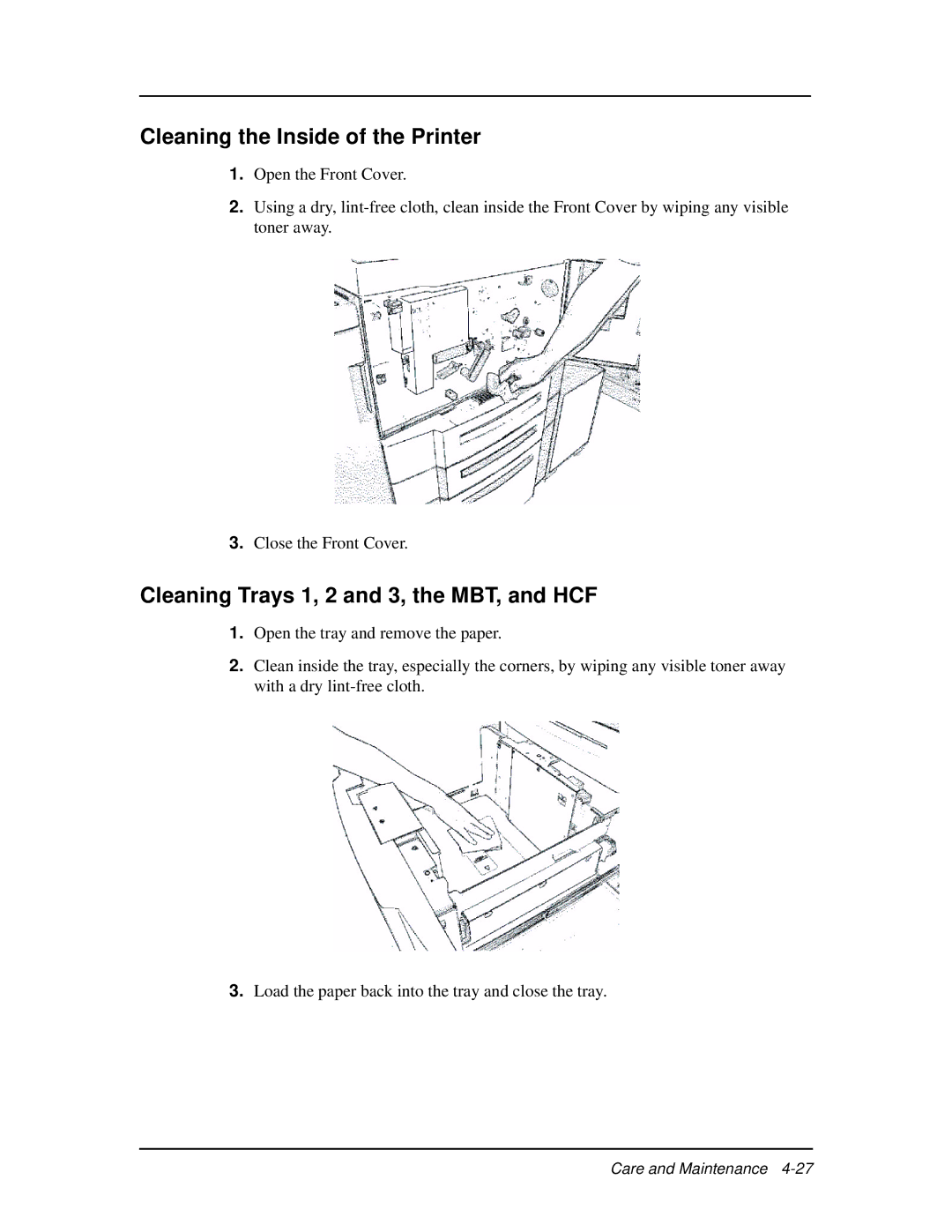 Ricoh DDP 92, DDP 70e manual Cleaning the Inside of the Printer, Cleaning Trays 1, 2 and 3, the MBT, and HCF 