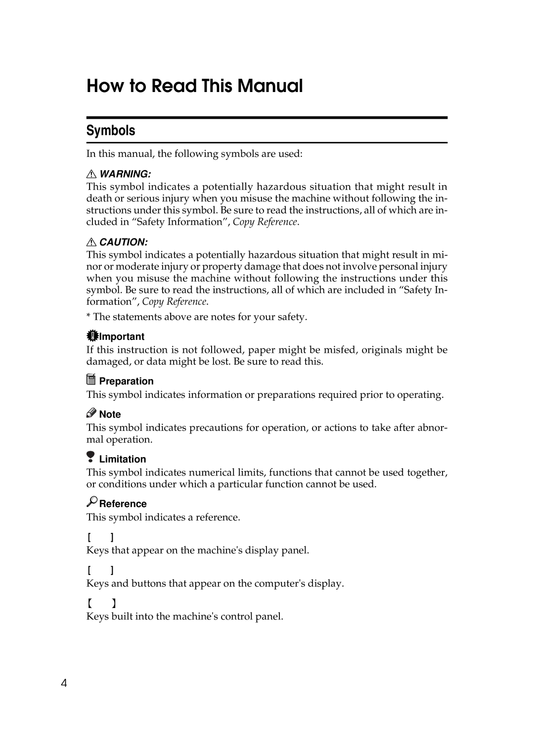 Ricoh Facsimile Reference Basic manual How to Read This Manual, Symbols, Preparation, Limitation 