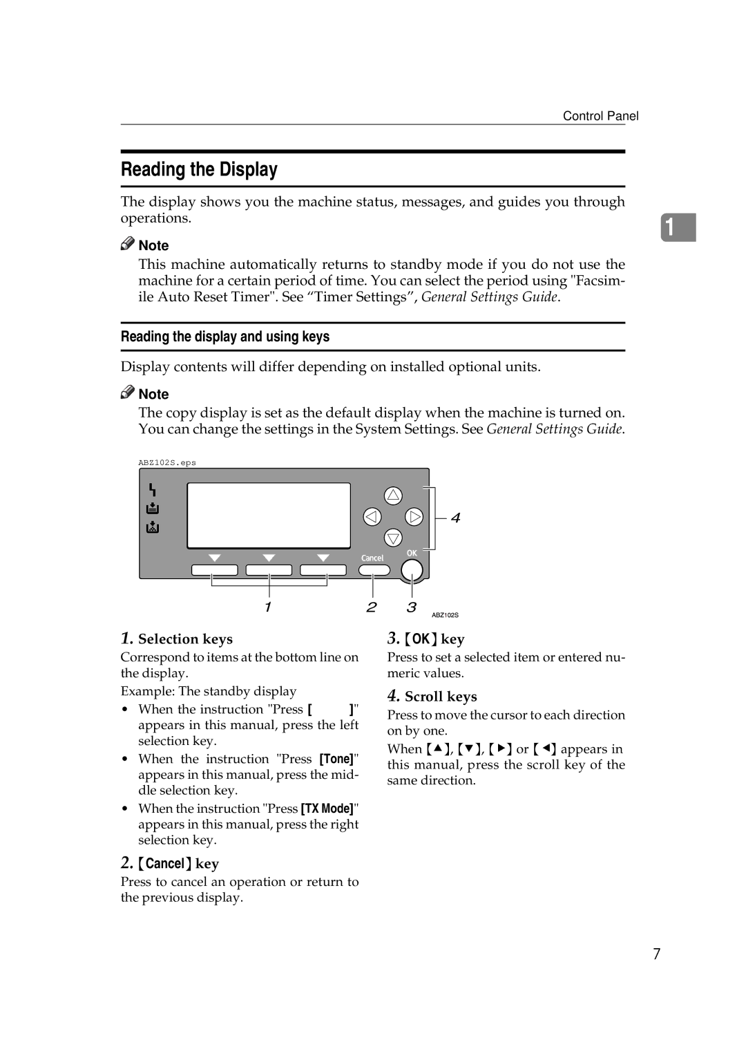 Ricoh Facsimile Reference Basic manual Reading the Display, Reading the display and using keys 