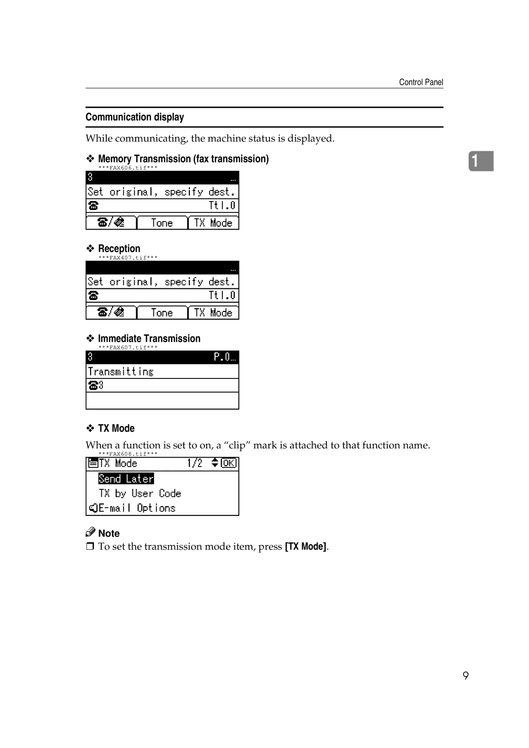 Ricoh Facsimile Reference Basic Communication display, ™ Memory Transmission fax transmission, ™ Reception, ™ TX Mode 