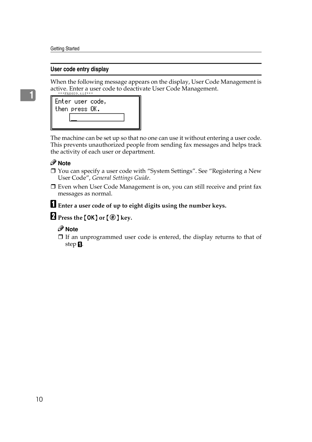 Ricoh Facsimile Reference Basic manual User code entry display 