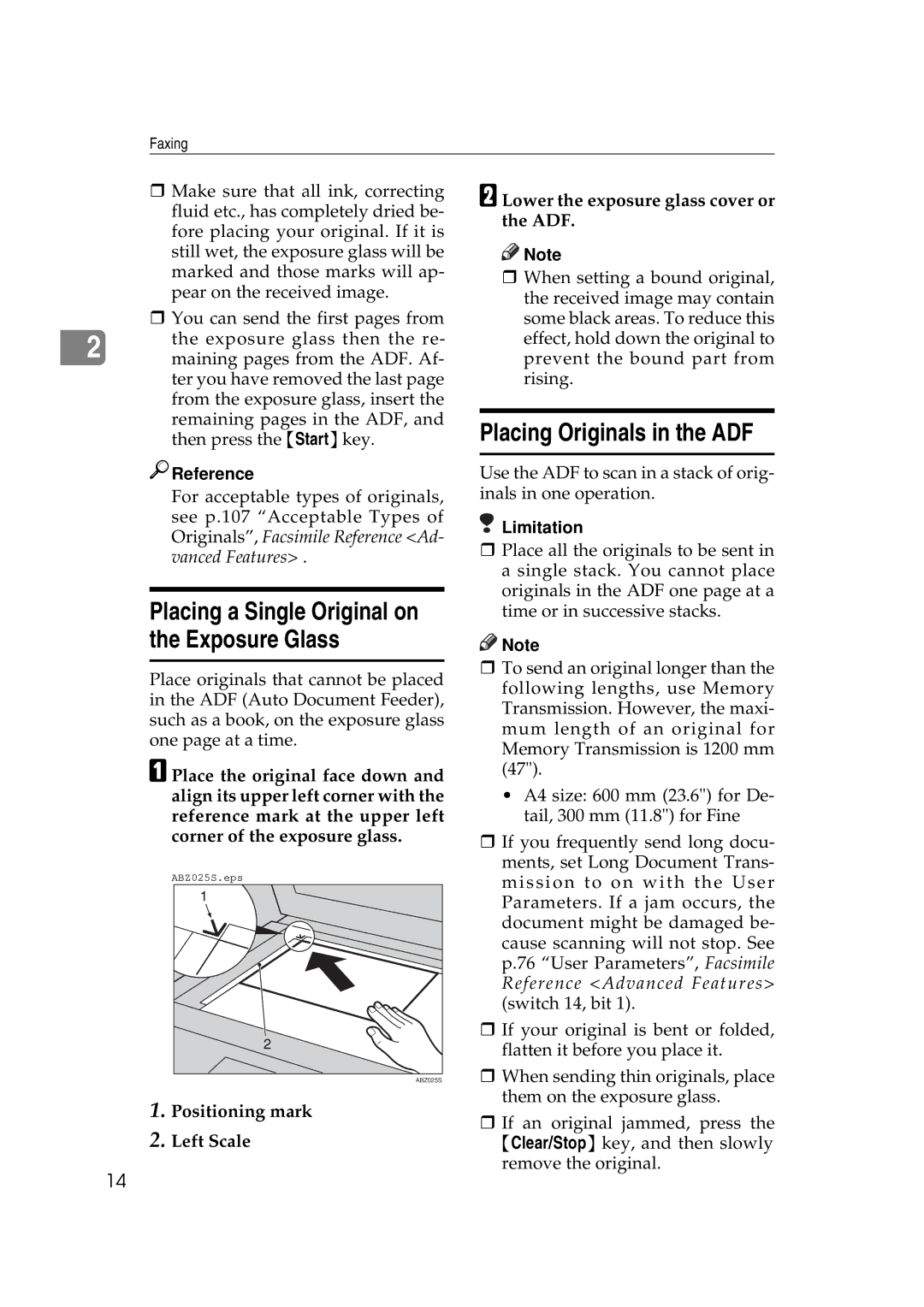 Ricoh Facsimile Reference Basic manual Placing Originals in the ADF, Placing a Single Original on the Exposure Glass 