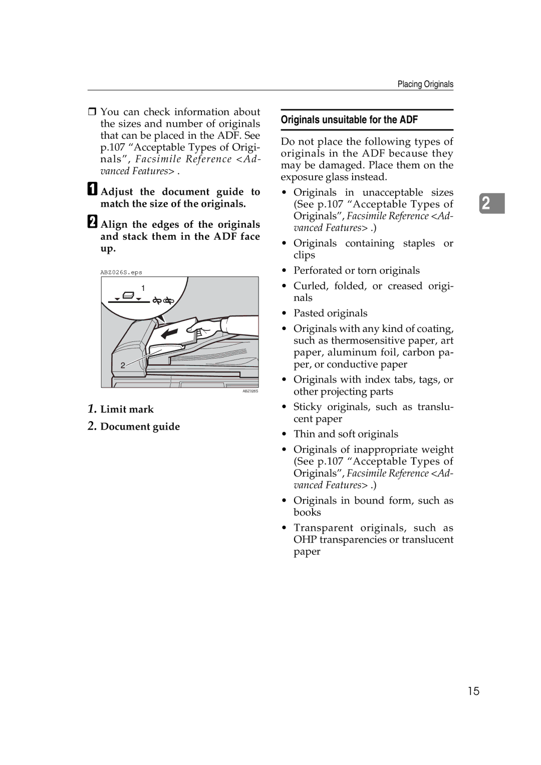 Ricoh Facsimile Reference Basic manual Originals unsuitable for the ADF, Limit mark Document guide 