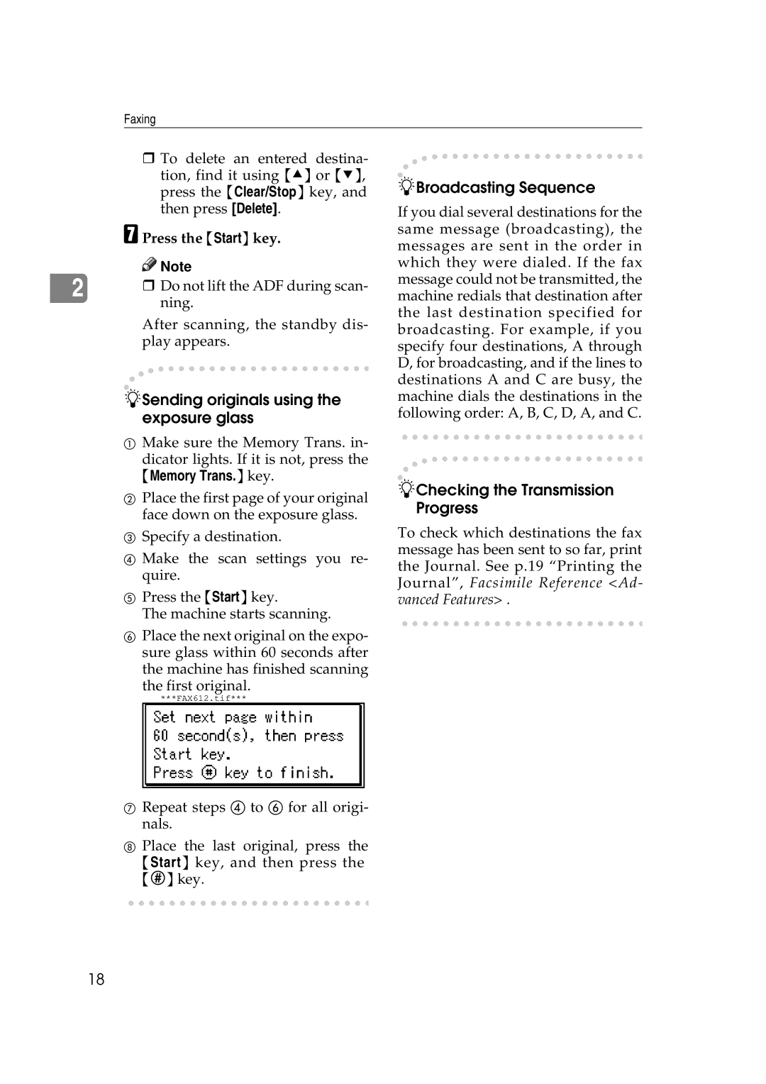 Ricoh Facsimile Reference Basic manual Sending originals using the exposure glass, Press the Startkey 