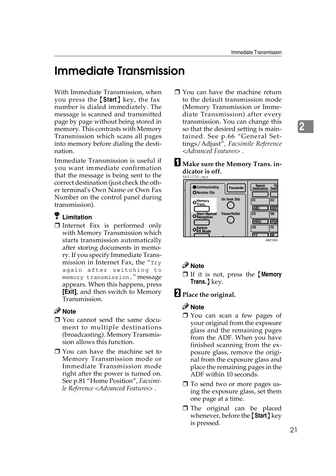 Ricoh Facsimile Reference Basic Immediate Transmission, Make sure the Memory Trans. in- dicator is off, Place the original 