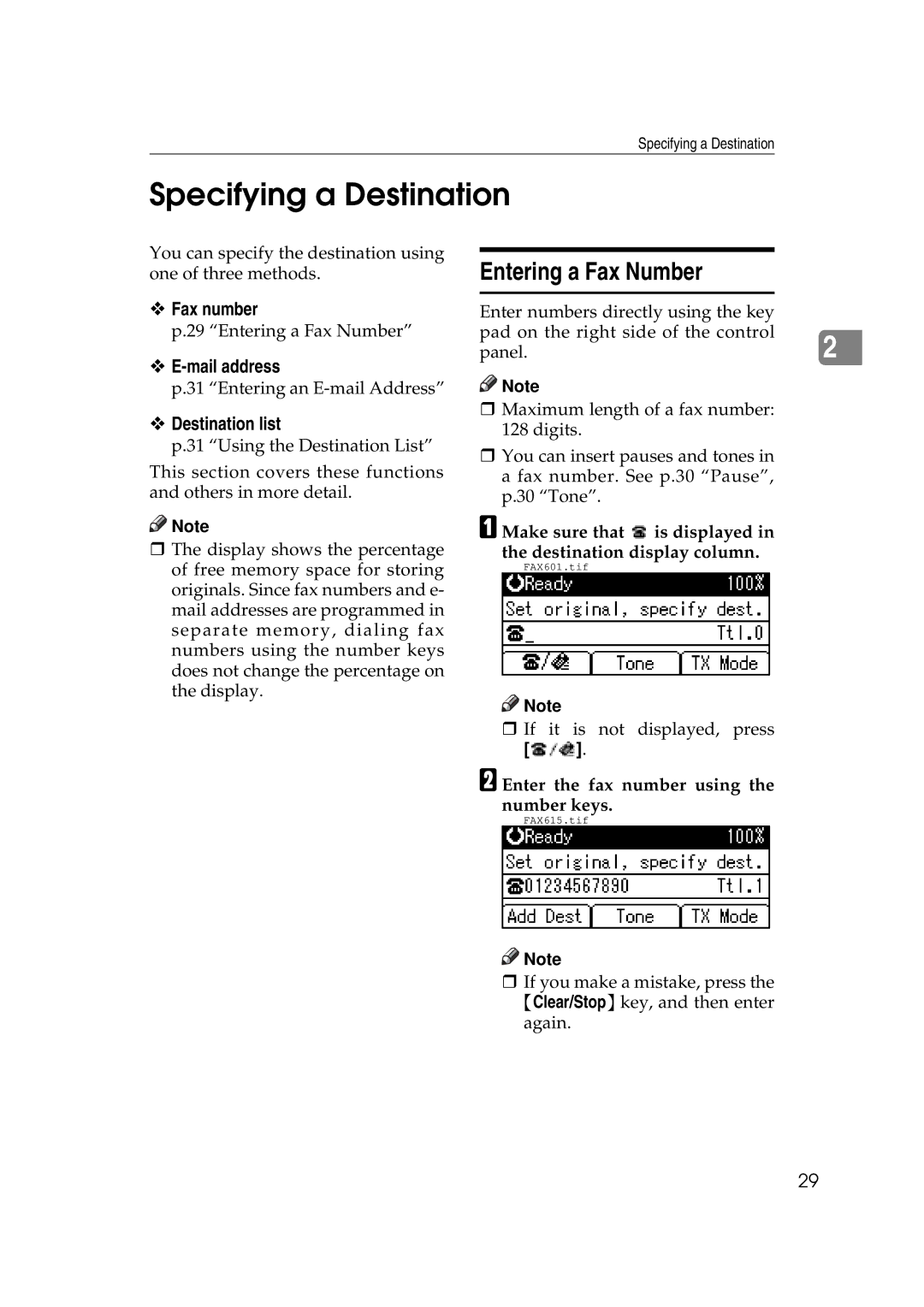 Ricoh Facsimile Reference Basic manual Specifying a Destination, Entering a Fax Number, ™ Fax number, ™ E-mail address 