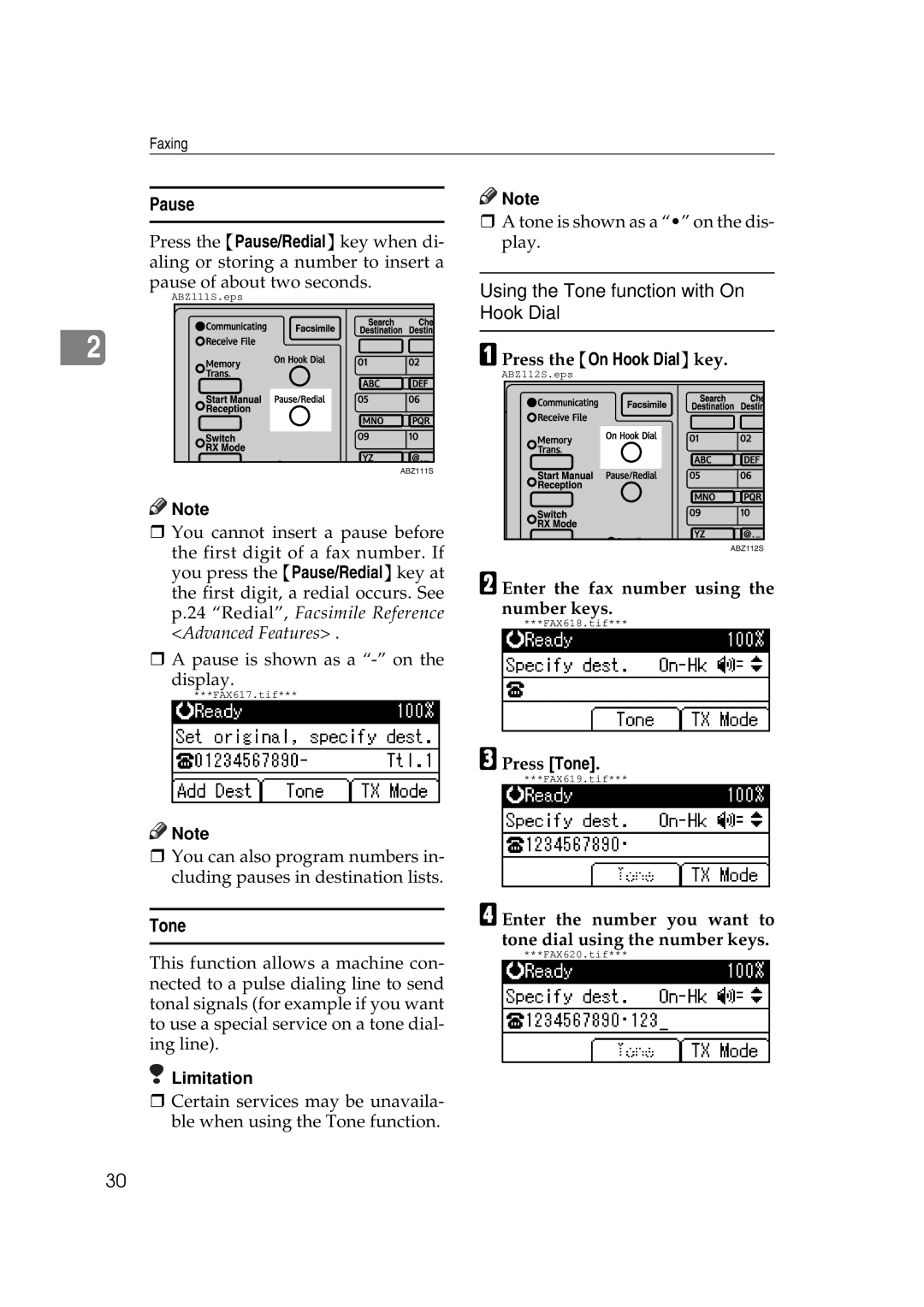 Ricoh Facsimile Reference Basic manual Pause, Press the On Hook Dialkey, Press Tone 