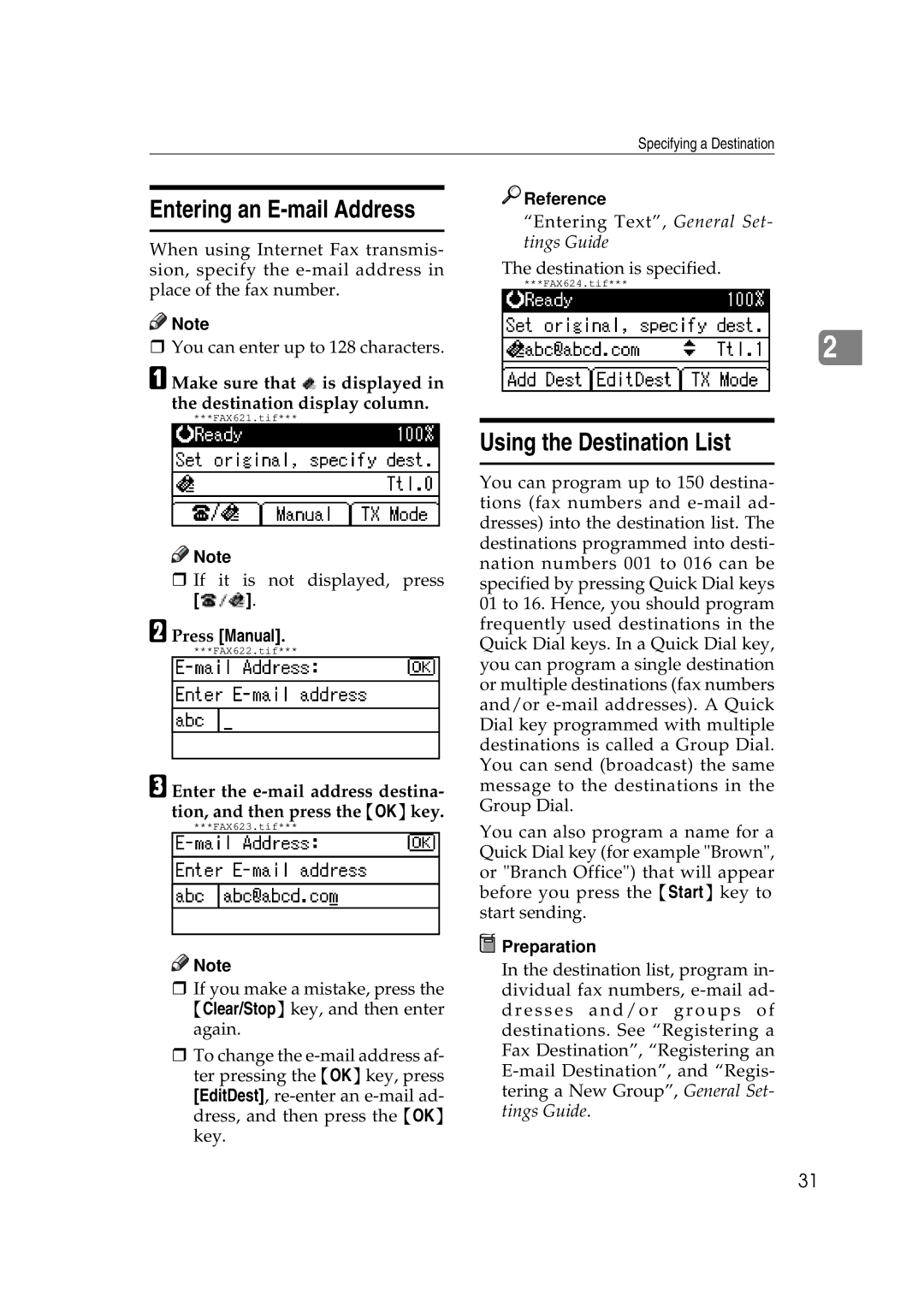 Ricoh Facsimile Reference Basic manual Entering an E-mail Address, Using the Destination List, Press Manual 