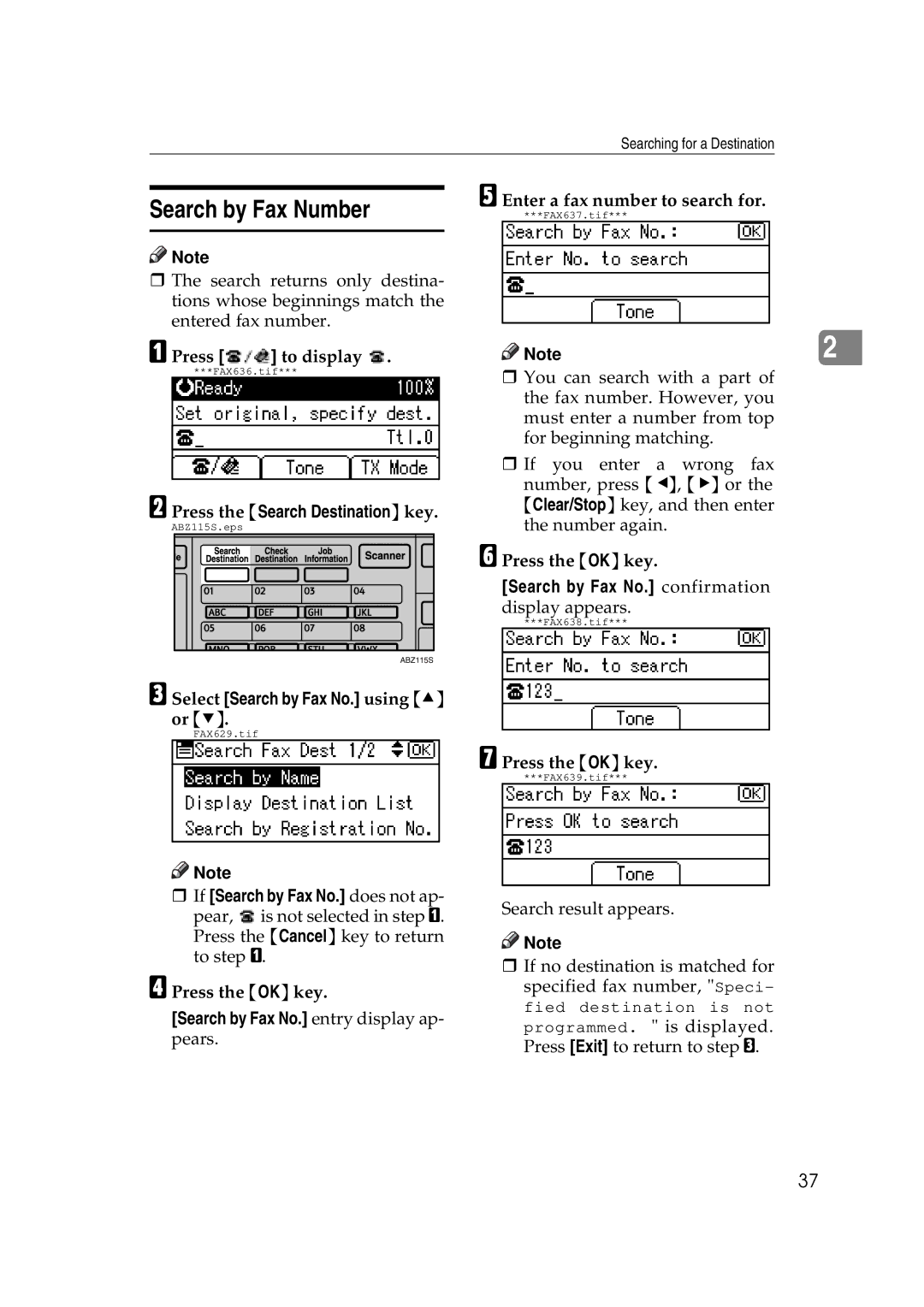 Ricoh Facsimile Reference Basic manual Search by Fax Number, Enter a fax number to search for, Press to display . Note2 