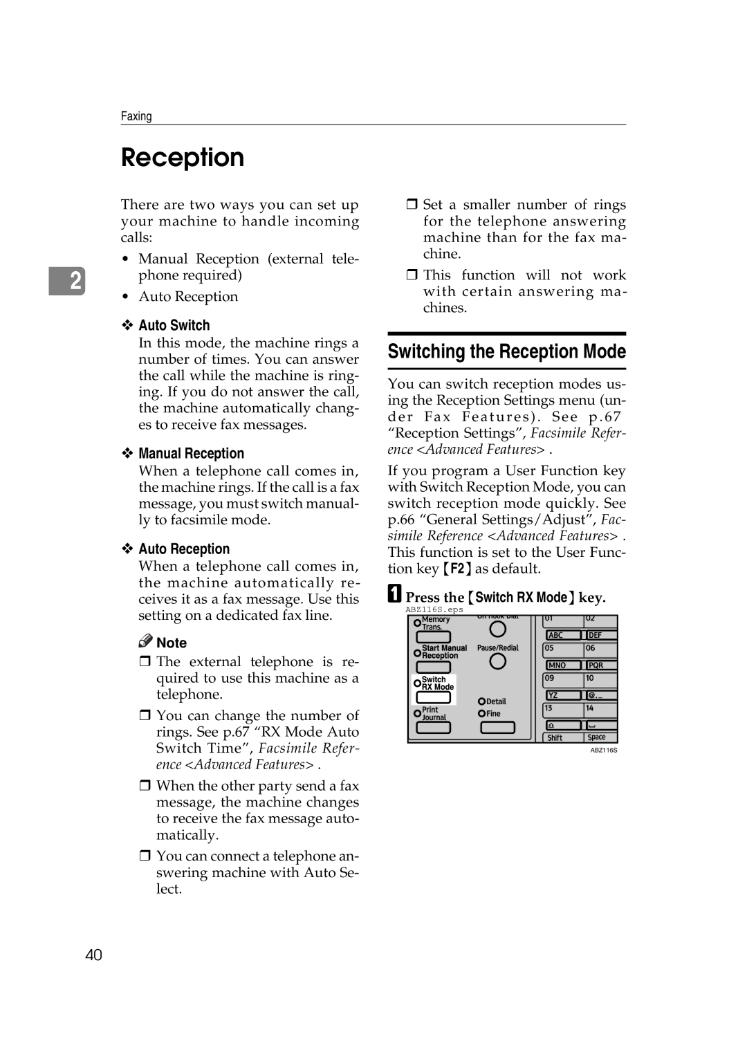 Ricoh Facsimile Reference Basic Switching the Reception Mode, ™ Auto Switch, ™ Manual Reception, ™ Auto Reception 