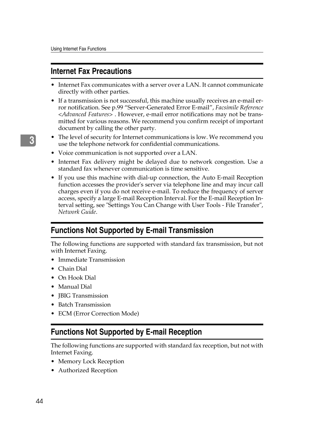 Ricoh Facsimile Reference Basic manual Internet Fax Precautions, Functions Not Supported by E-mail Transmission 