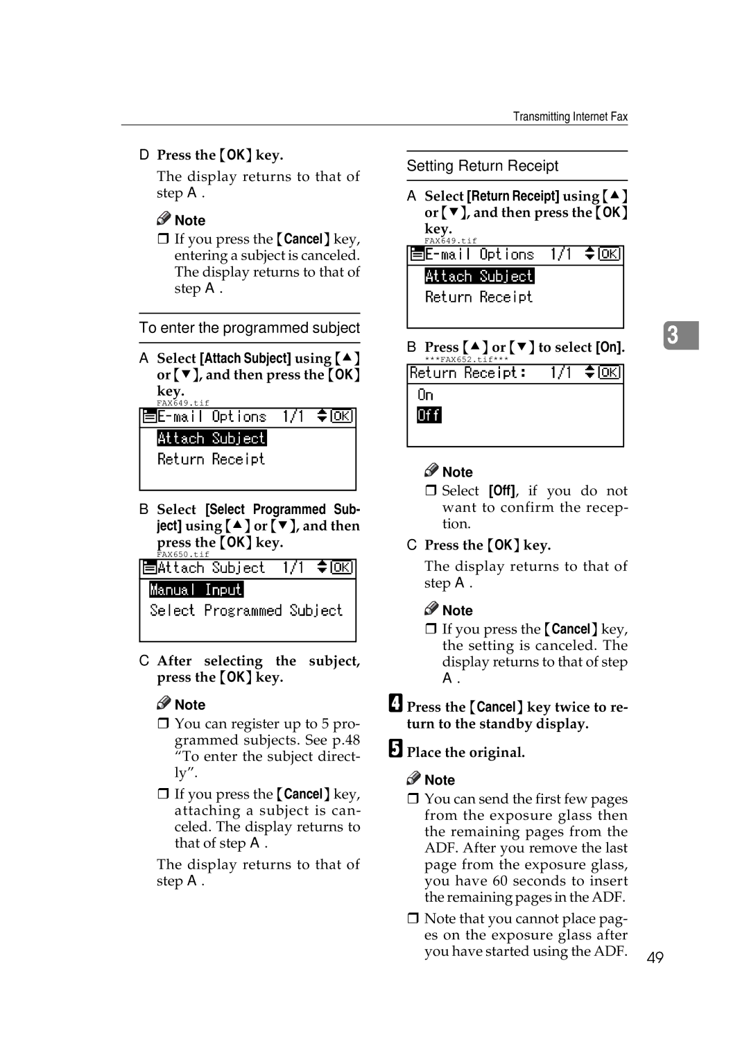 Ricoh Facsimile Reference Basic Press Uor Tto select On, Press the OKkey After selecting the subject, press the OKkey 