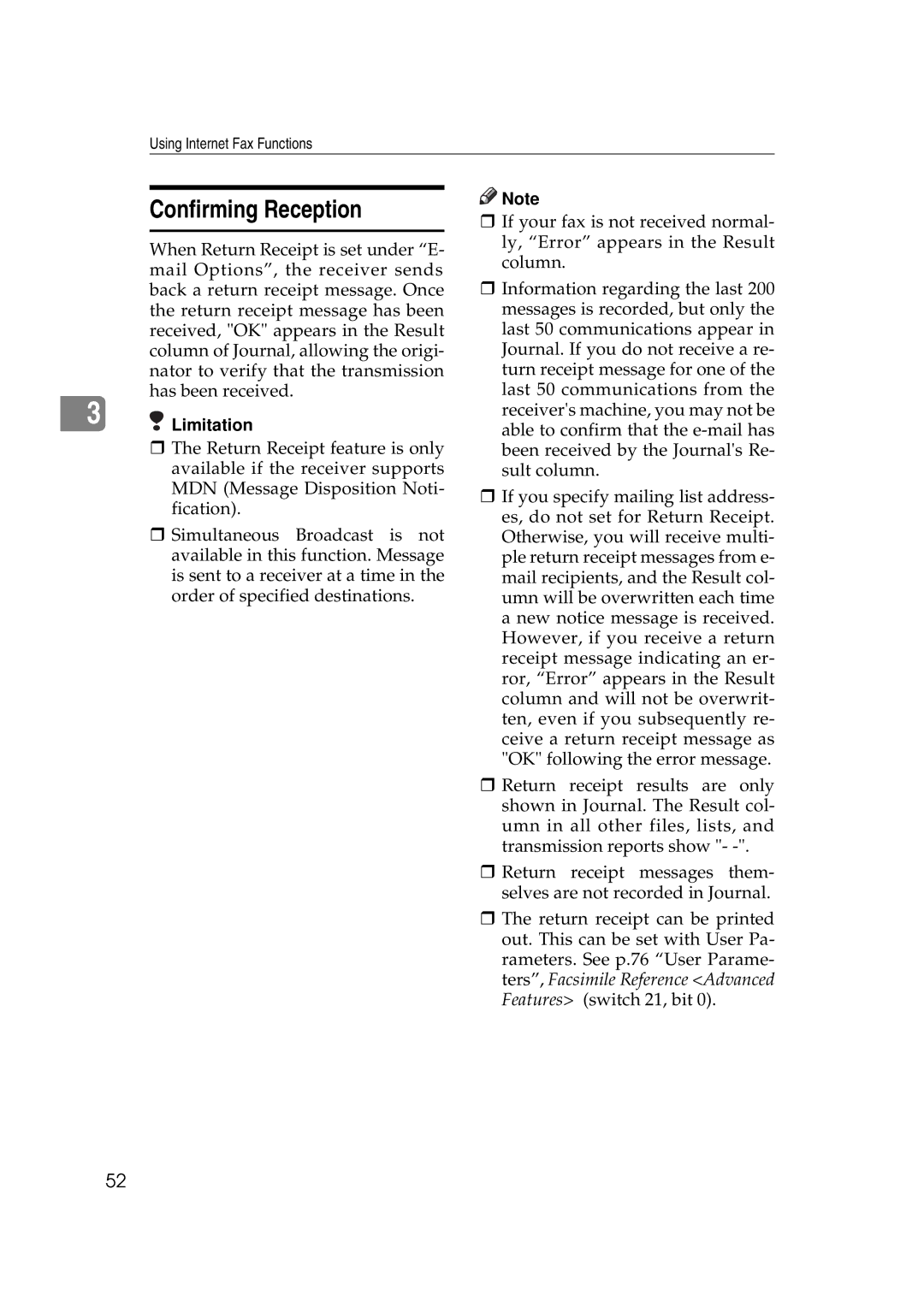 Ricoh Facsimile Reference Basic manual Confirming Reception, Limitation 