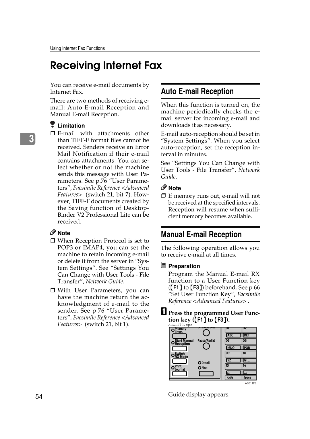 Ricoh Facsimile Reference Basic Receiving Internet Fax, Auto E-mail Reception, Manual E-mail Reception, Tion key F1 to F3 