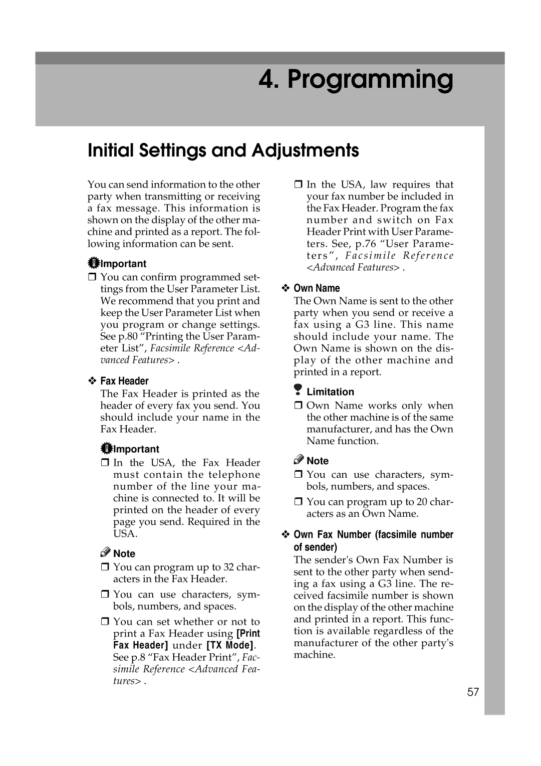 Ricoh Facsimile Reference Basic manual Initial Settings and Adjustments, ™ Fax Header, ™ Own Name 