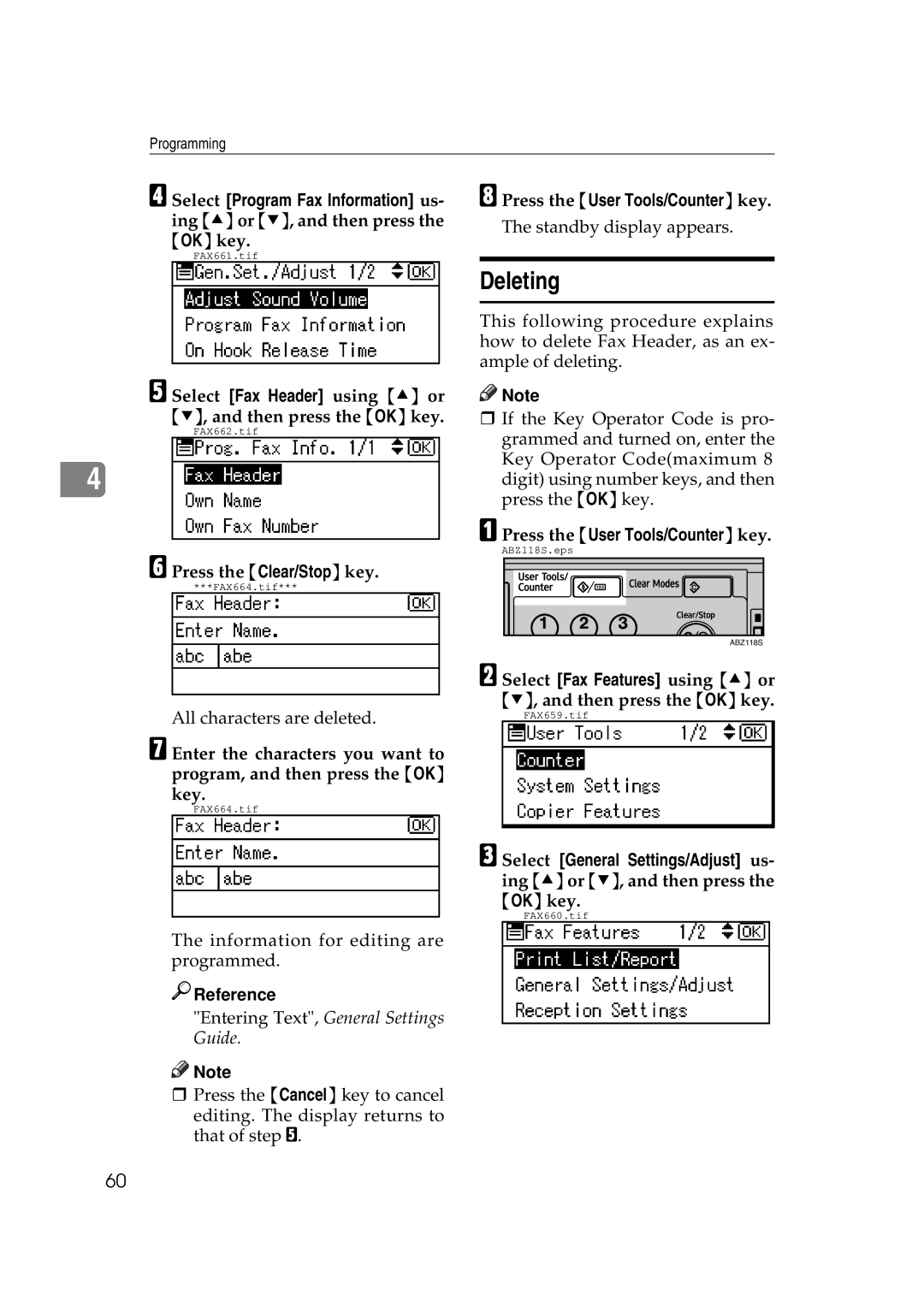 Ricoh Facsimile Reference Basic manual Deleting, Select Fax Header using U or T, and then press the OKkey 