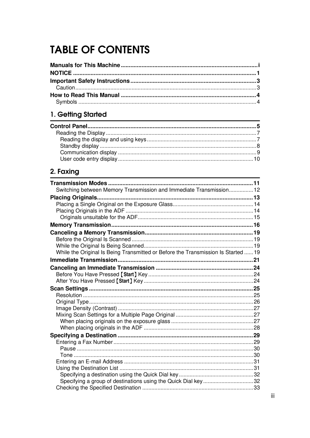 Ricoh Facsimile Reference Basic manual Table of Contents 