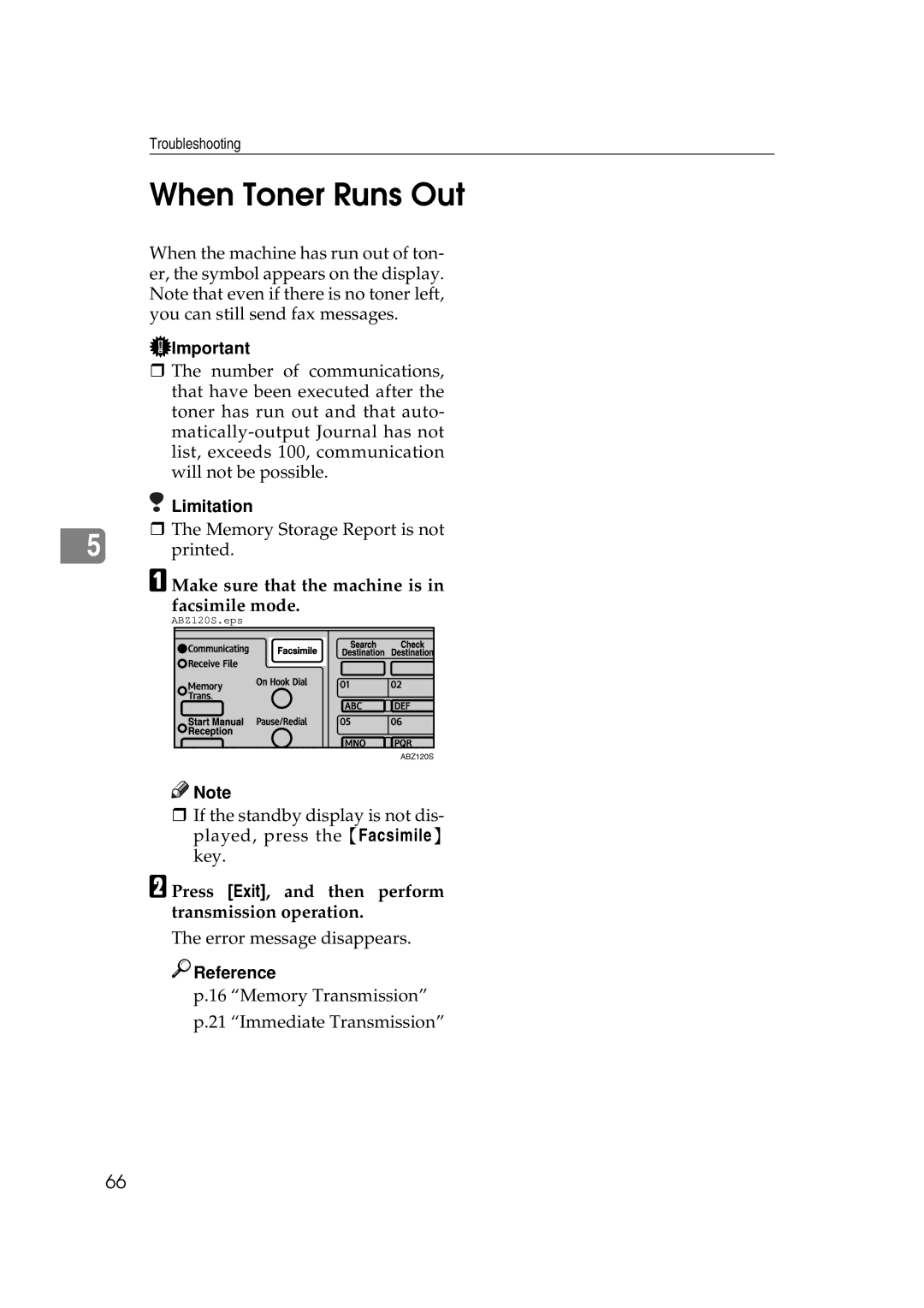 Ricoh Facsimile Reference Basic manual When Toner Runs Out, Make sure that the machine is in facsimile mode 