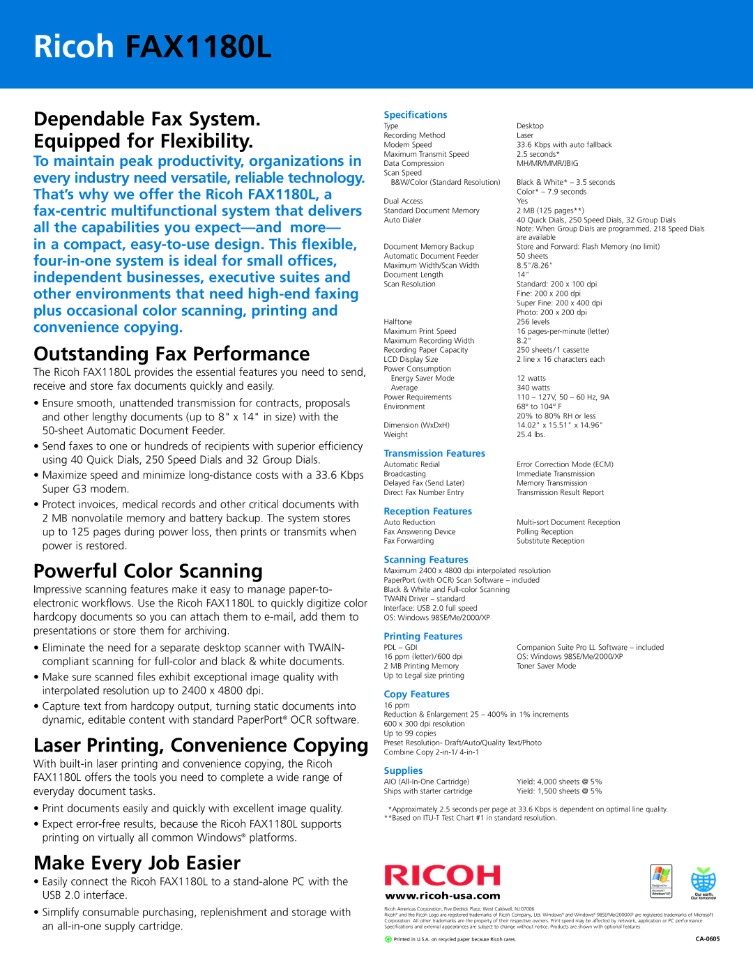 Ricoh FAX1180L manual Dependable Fax System Equipped for Flexibility, Outstanding Fax Performance, Powerful Color Scanning 