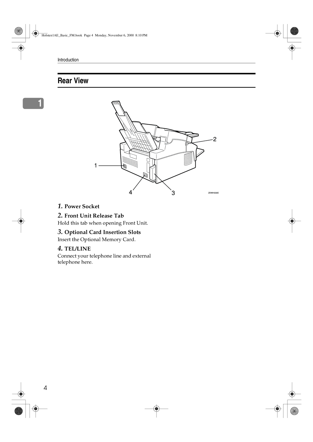 Ricoh FAX1400L manual Rear View, Power Socket Front Unit Release Tab, Optional Card Insertion Slots 