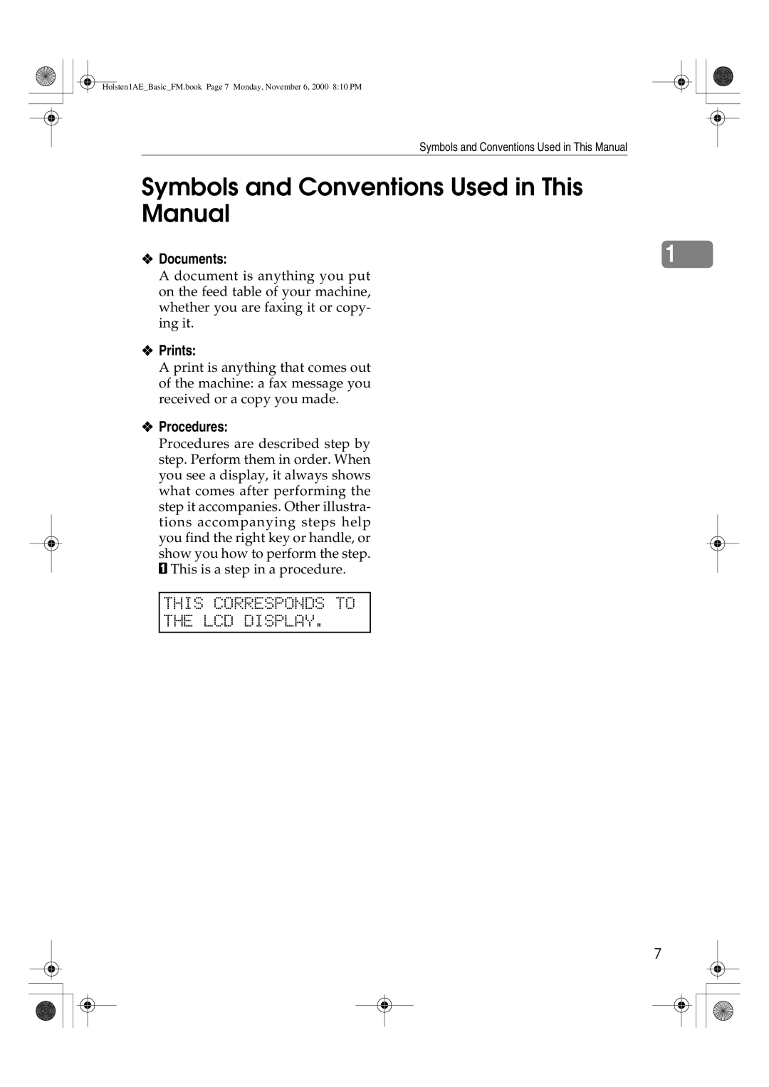 Ricoh FAX1400L Symbols and Conventions Used in This Manual, This Corresponds to LCD Display, Documents, Prints, Procedures 