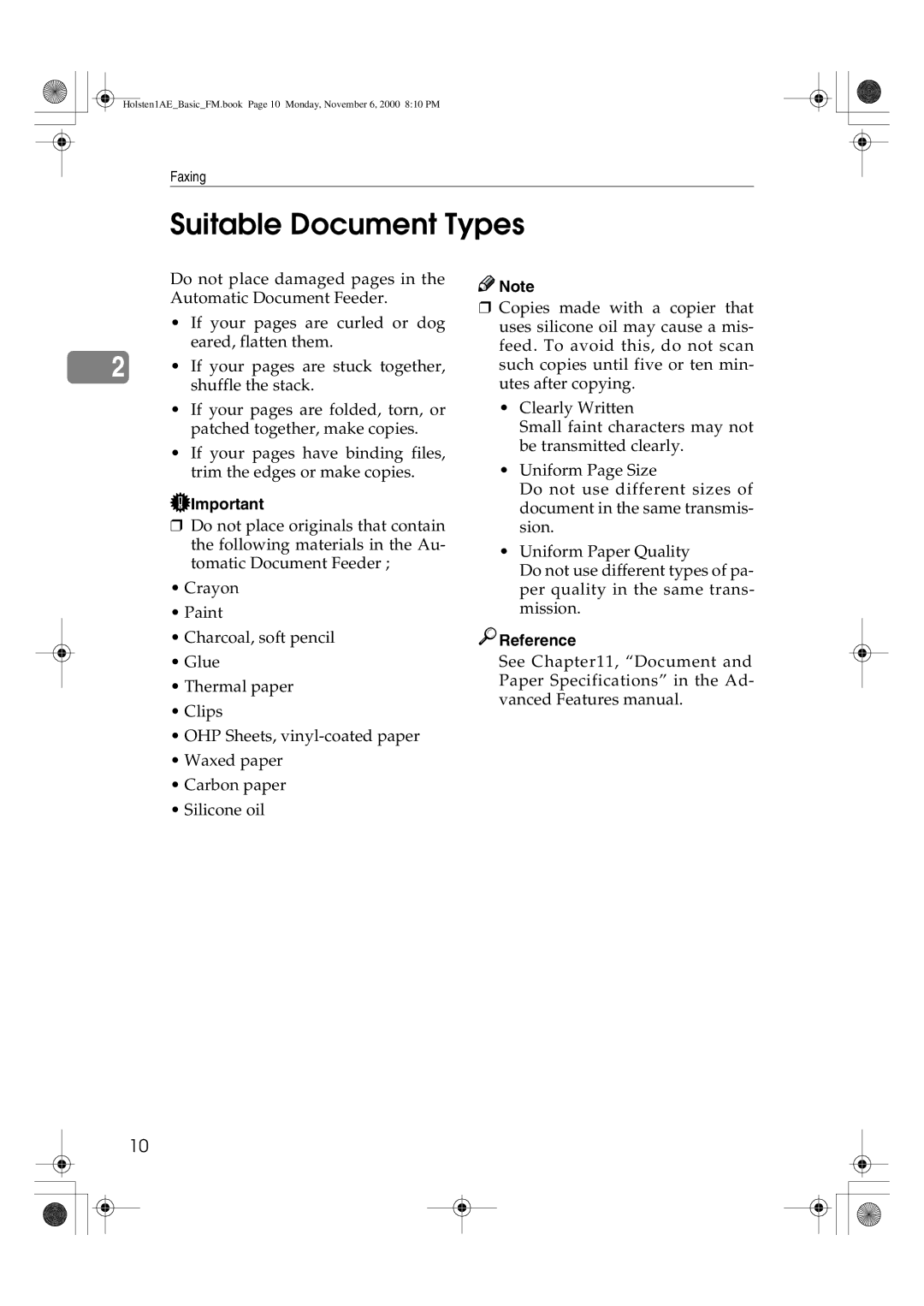 Ricoh FAX1400L manual Suitable Document Types, Reference 