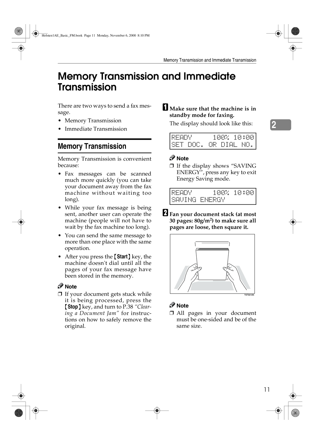 Ricoh FAX1400L manual Memory Transmission and Immediate Transmission, Ready, SET DOC. or Dial no, Saving Energy 